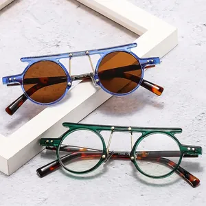 Retro small round frame hip-hop punk sunglasses with double bridge and star metal accents