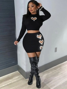 Rhinestone Heart Shaped Cutout Ribbed Knit Long Sleeve Crop Top And Bodycon Mini Skirt Sexy Streetwear Women
