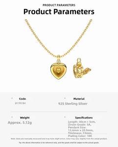 Detailed size and material specs for heart pendant necklace in S925 sterling silver
