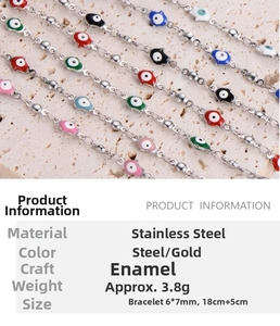 Detail of colorful Hamsa Hand and Evil Eye enamel charms on a stainless steel chain