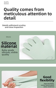 Detail showing flexible mint green silicone oven glove with heart non-slip texture
