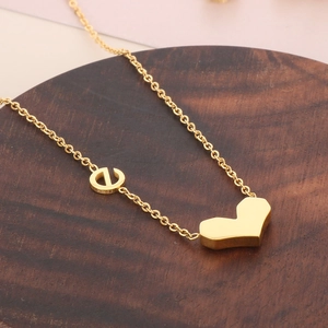 Collier en acier titane doré avec pendentif cœur 3D et breloque métallique ronde CD