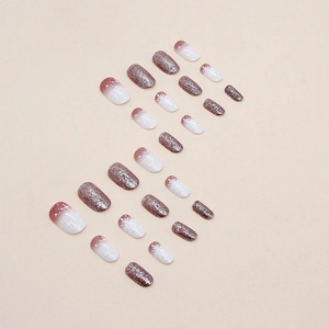Faux ongles dégradés bordeaux avec flocons de neige et paillettes scintillantes 24pcs