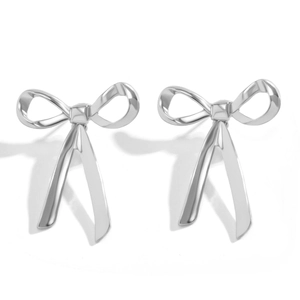 Polished silver bow knot earrings with ribbon design on a clean white background