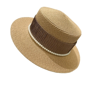 Elegant French style straw boater hat with brown ribbon and pearl chain for summer sun protection
