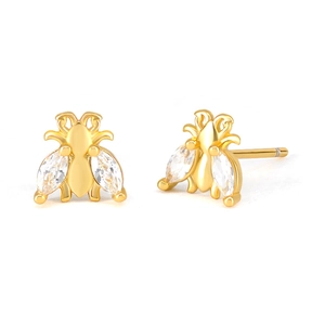 S925 silver needle bee stud earrings with gold finish and marquise cubic zirconia stones