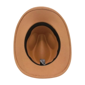 Detail view of khaki fedora hat interior showing size 57 label and 100% polyester material