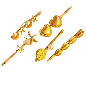 Set of 5 gold stainless steel hair clips with starfish, shell, heart and pearl motifs