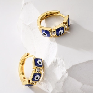 Vintage 18K vergoldete Evil-Eye-Creolen mit blauem Emaille und Zirkonia-Steinen