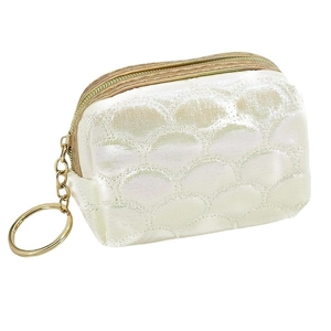 Mini white coin purse with iridescent fish scale embroidery and golden ring zipper