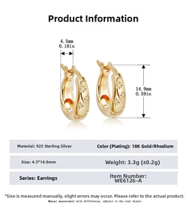 Size specifications for 925 sterling silver star earrings with 18k gold plating