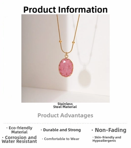 Detailed view of 18K gold plated snake chain with an oval pink natural stone pendant