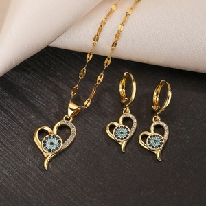 Heart Evil Eye Necklace And Earrings 18K Gold Plated Copper Cubic Zirconia Trendy Fashion Commuting Jewelry For Women