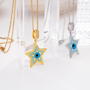 Star-shaped evil eye pendant necklace with blue glass and sparkling zircon stones