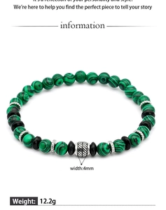 Detail showing 4mm green malachite beads and stainless steel accents for men's bracelet