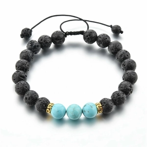 Bracelet Corde Tressée Réglable Pierre De Lave Noire Perles De Turquoise Naturelle Yoga Guérison Bijoux Huile Essentielle