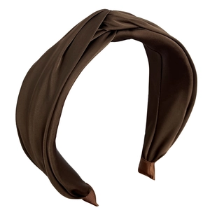 Elegant dark brown satin headband with a twisted knot design on a clean white background