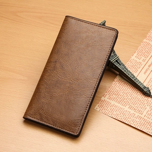 Classic brown leather long wallet for men featuring vintage texture and secure metal zipper
