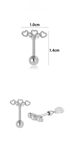 Detail of triple hollow heart titanium cartilage stud with CZ inlay and dimensions