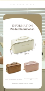 Three colors of PU leather makeup bags with handle design and detailed dimensions display