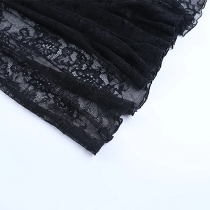 Close-up of black lace fabric showing intricate floral hollow patterns and texture