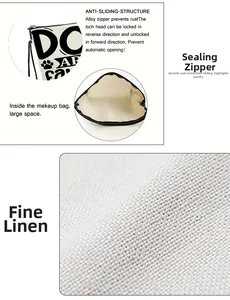Detail view of fine linen makeup bag featuring large capacity and anti-slip alloy zipper