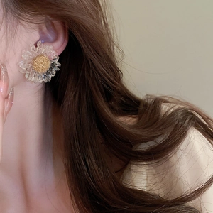 Close-up of a clear flower earring with gold stamen worn by a female model
