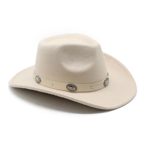 Beige wool felt cowboy hat with vintage silver buckle strap and classic curved brim
