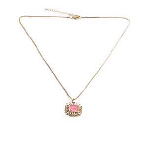 Chic gold necklace with a pink enamel smiley face pendant and sparkling zircon accents