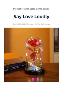 Detail of red foil rose in glass dome with warm LED fairy lights on a wooden surface