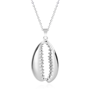 Detail shot of a silver shell pendant on a fine stainless steel chain over white background