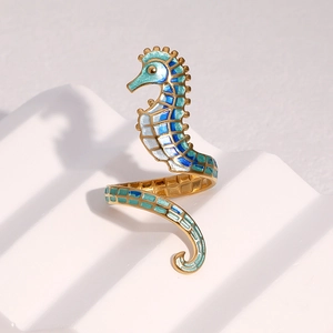 Creative seahorse open ring in 18k gold finish with blue gradient enamel textures