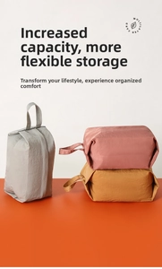 Three-piece travel organizer set in grey, pink and yellow with portable handles