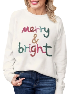 White crewneck sweatshirt with colorful 'Merry & Bright' chenille embroidery for women
