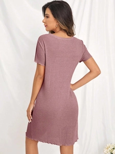 Vestido casual de punto de nido de abeja rosa palo con cuello en V para mujer