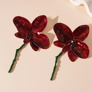 Vintage red flower earrings with green stems, 3D petal design for elegant women fashion