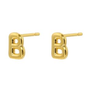 Detailed view of polished 18K gold plated letter B stud earring with high shine finish
