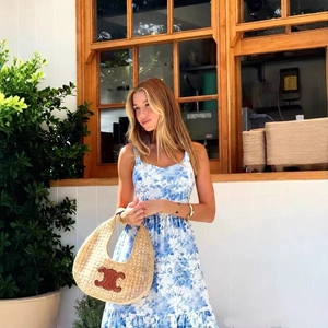 French vintage floral slip dress in blue with a slim fit and summer resort style
