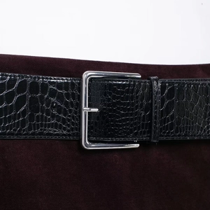 Ceinture élégante noire imitation croco avec boucle en métal argenté sur un tissu en velours