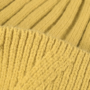 Women's yellow ribbed knit beanie with soft mohair texture for winter warmth