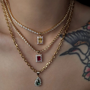 Three-layer 18k gold plated necklaces with colorful teardrop gemstone pendants for women