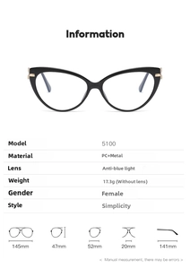 Detailed size specifications and weight measurement for cat-eye anti-blue light glasses