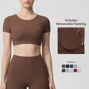 Damen Eng Anliegend Kurzarm Yoga Top Mit Brustpolster Doppelseitig Gebürstet Sport T-Shirt Crop Fitness Oberteil Sportbekleidung
