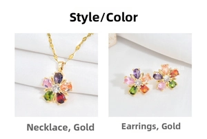 Detailed close-up of a golden flower pendant and earrings set with five-color zircon petals
