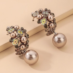 Vintage Flower Drop Earrings Alloy Rhinestone Champagne Faux Artificial Pearl With 925 Sterling Silver Earring Post For Women