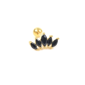 Detailed view of S925 sterling silver crown earring with black marquise cut stones