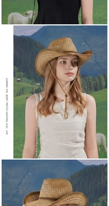 Detail of breathable woven straw cowboy hat with chin strap in a natural pasture setting
