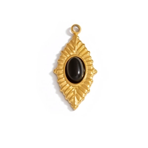 Vintage gold stainless steel pendant featuring black oval natural stone and sunburst texture
