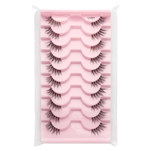 Macro detail of 10 pairs of Y1001 natural black false eyelashes in a pink tray
