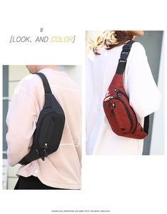 Close-up of waterproof nylon crossbody bags in black and red with multi-zipper pockets